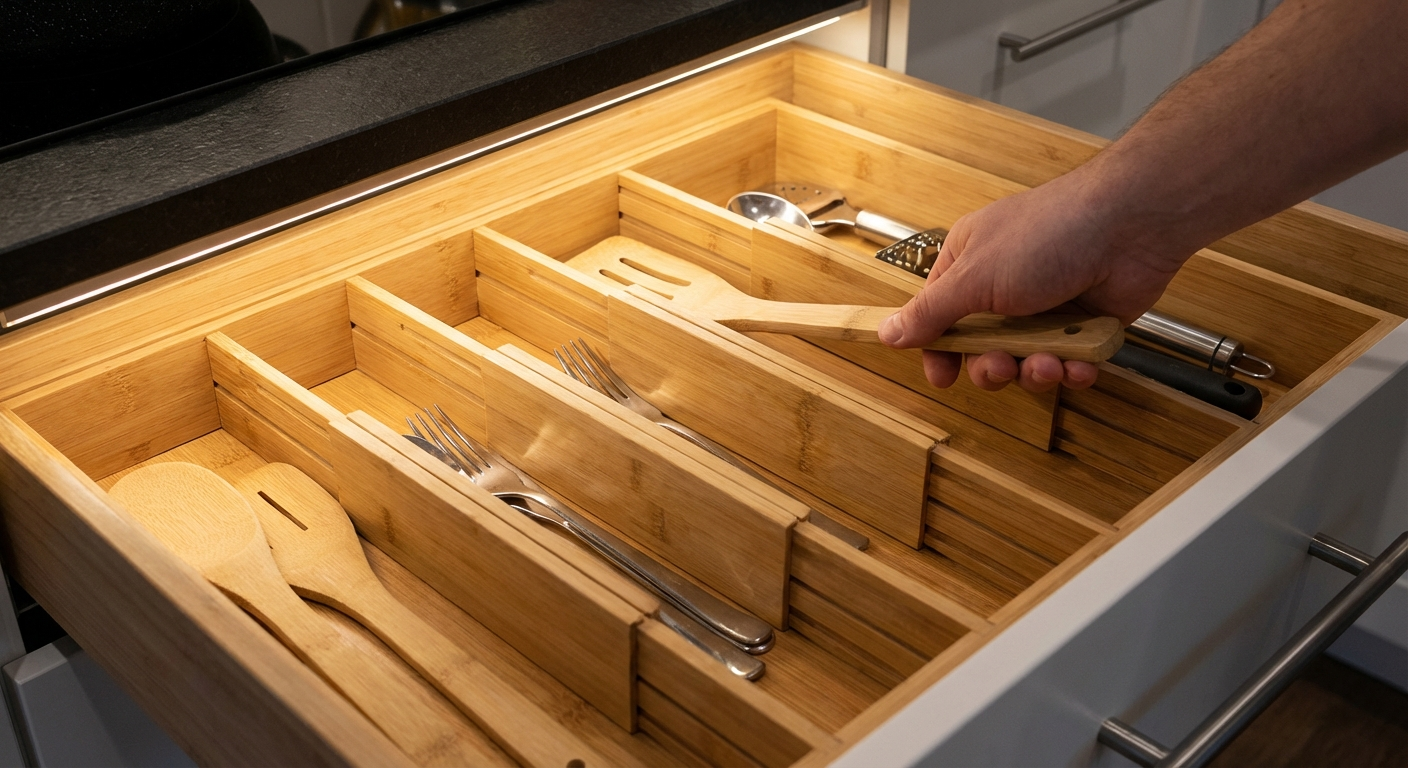 Bamboo drawer divider set used as the hero image for a tidy home office desk organizer guide