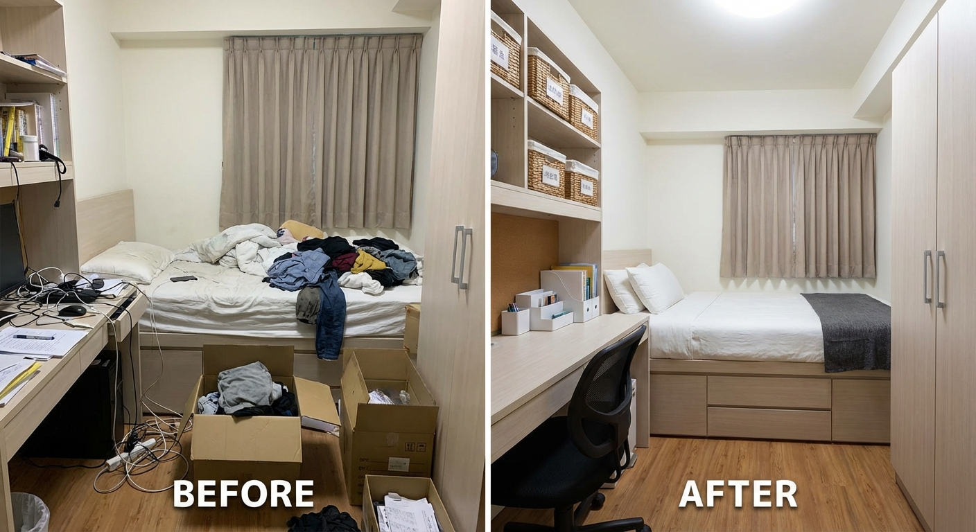 Bedroom before and after organization image showing the value of vertical storage near a work zone