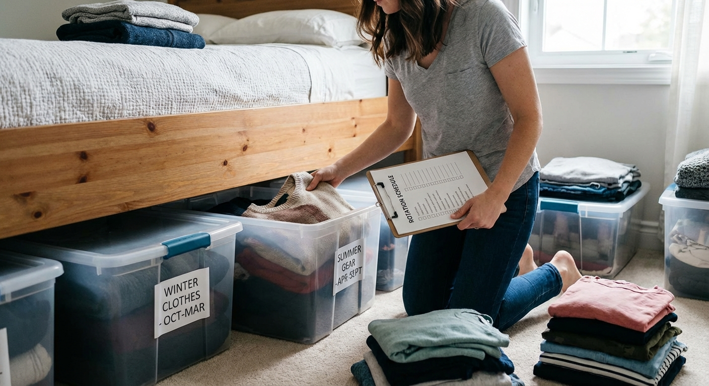 Organised under-bed storage system with labelled containers pulled out for a seasonal review