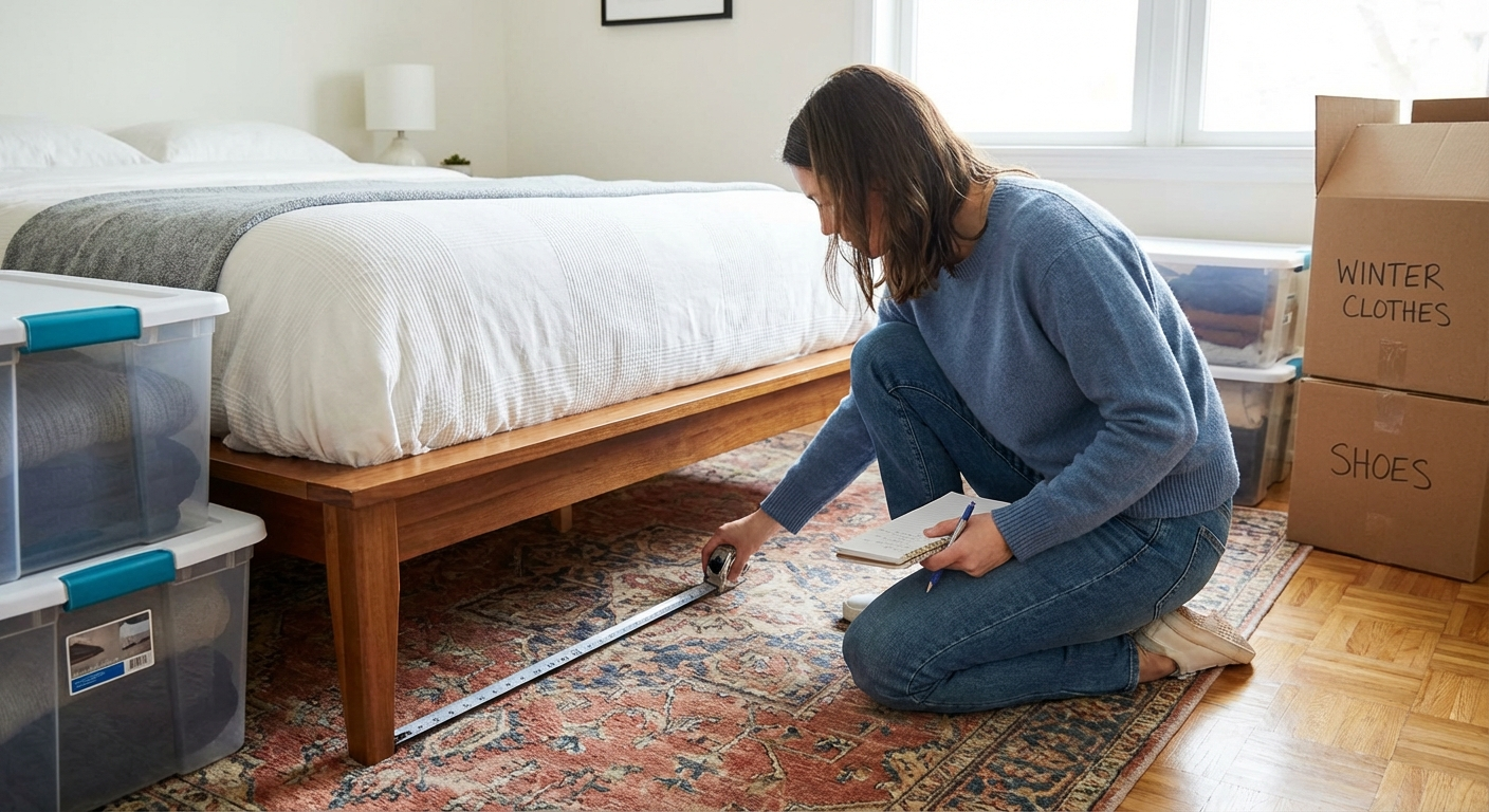 Person using a tape measure to check under-bed clearance between the floor and bed frame