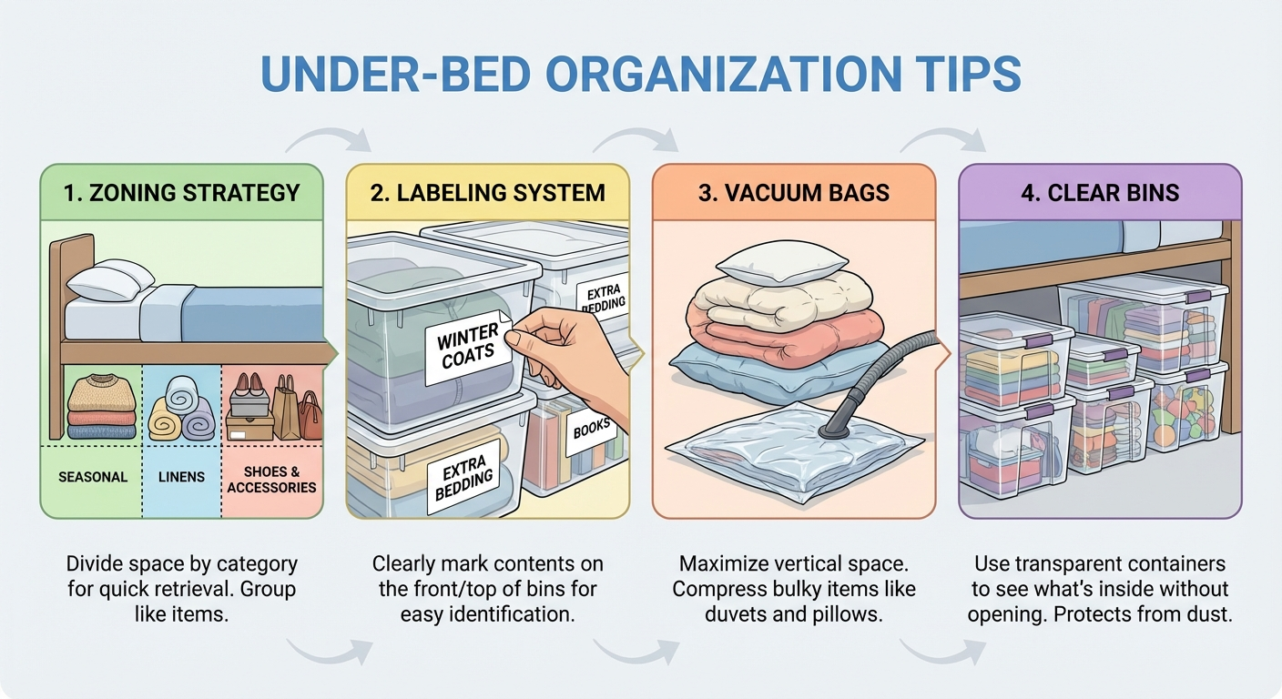Under-bed storage organization tips infographic showing maximum space utilization strategies
