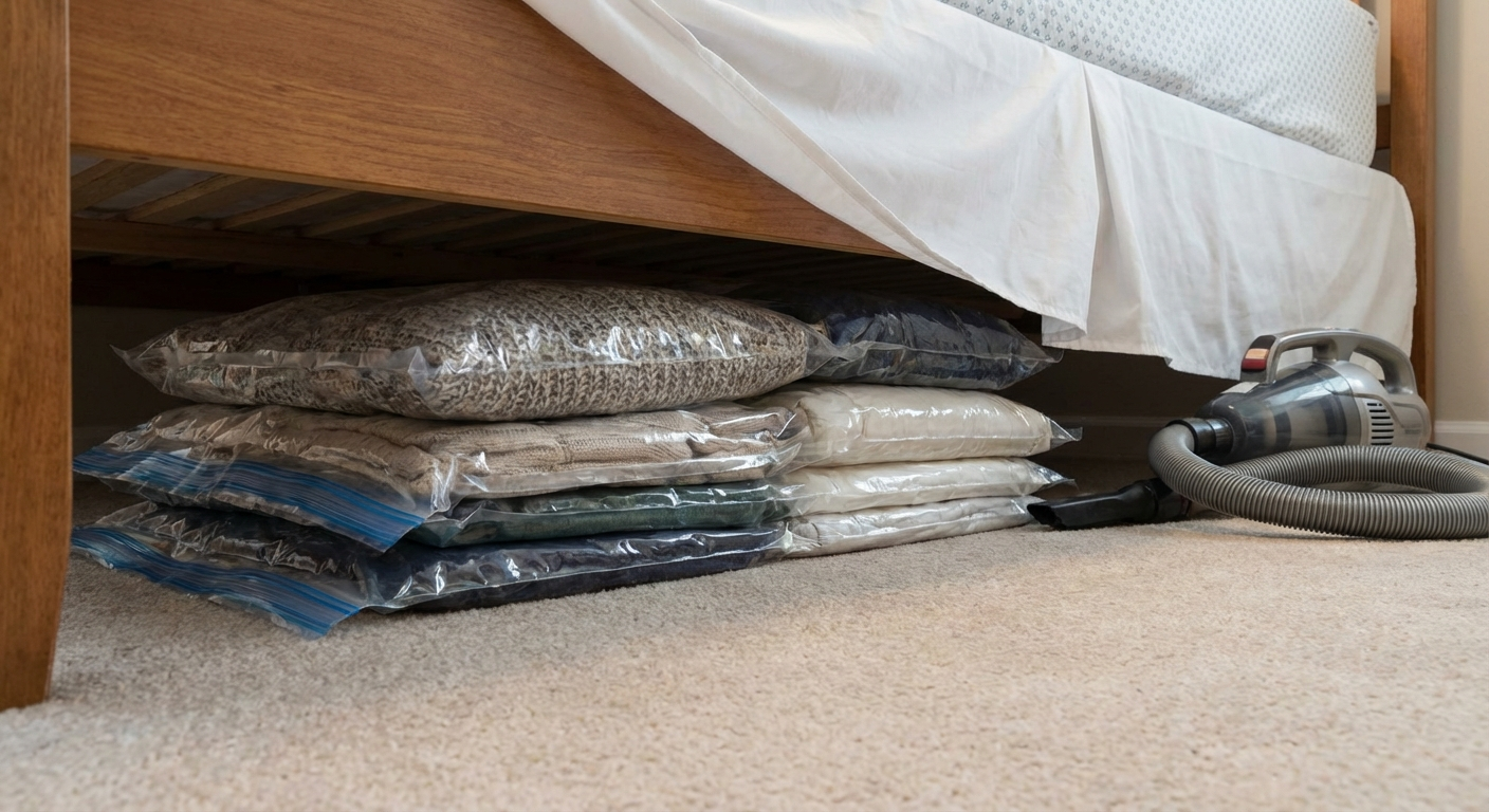 Neatly folded seasonal clothing stored in clear under-bed bins with cedar sachets visible