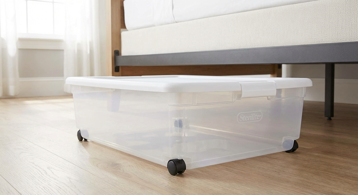 Sterilite 56 Qt Wheeled Latching Box under a bed frame, clear body showing neatly folded clothing inside