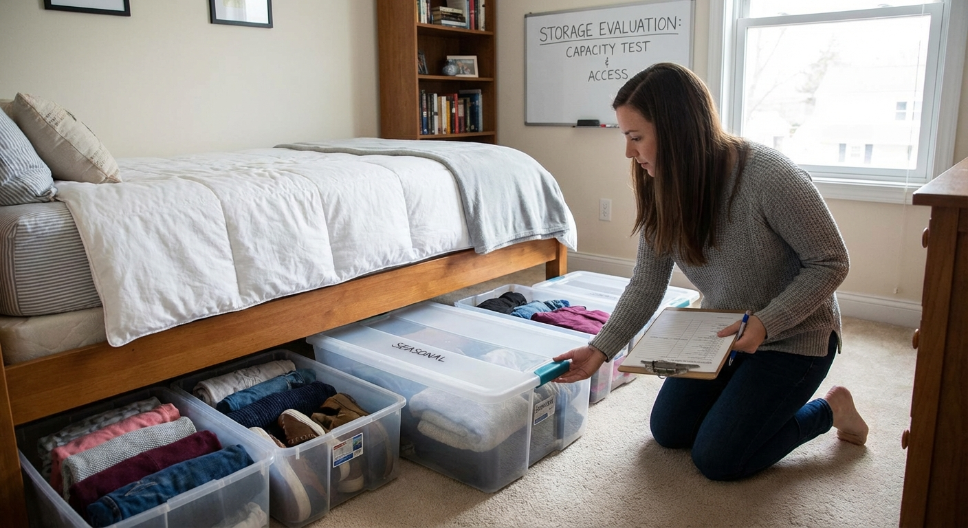 Testing setup showing multiple under-bed storage bins being measured and compared in a bedroom