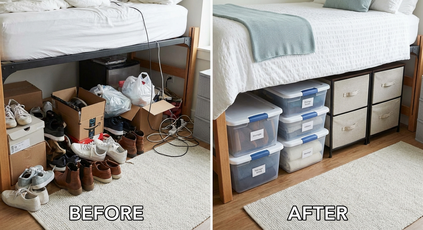 Bedroom showing the unused space beneath a queen bed highlighted to demonstrate available storage volume