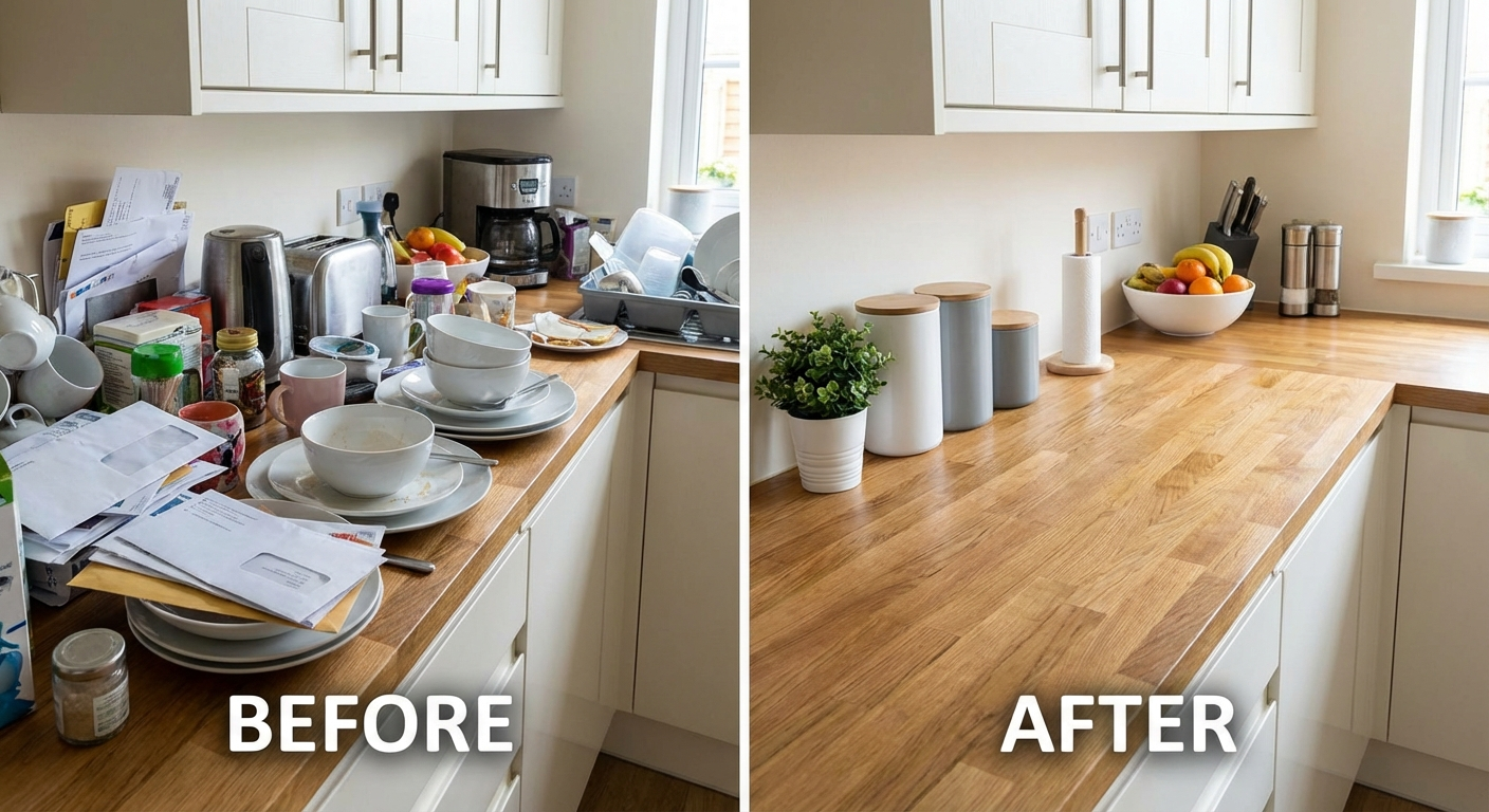 Before and after comparison of a cluttered kitchen counter transformed into a clean, organized space