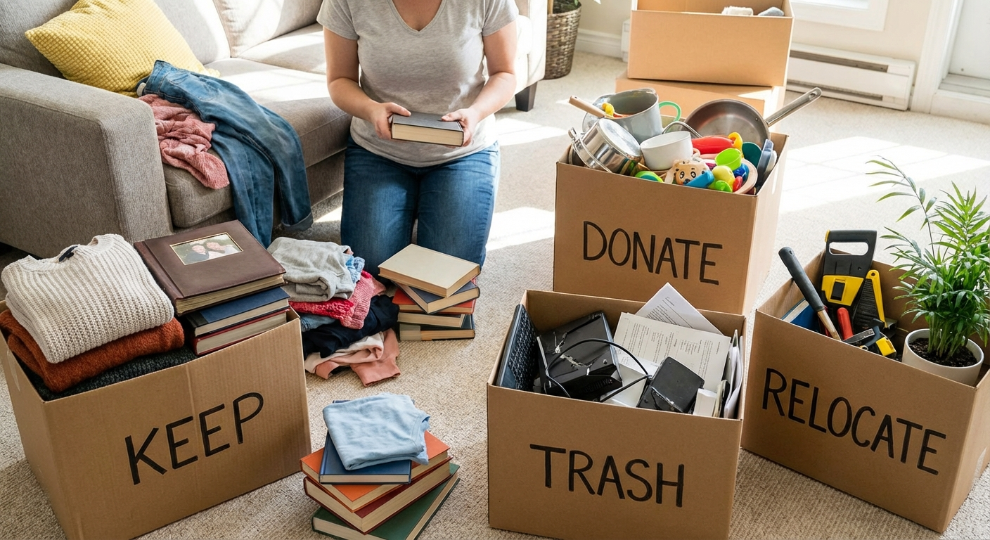 The 4-box decluttering method showing four labelled boxes: Keep, Donate, Trash, and Relocate