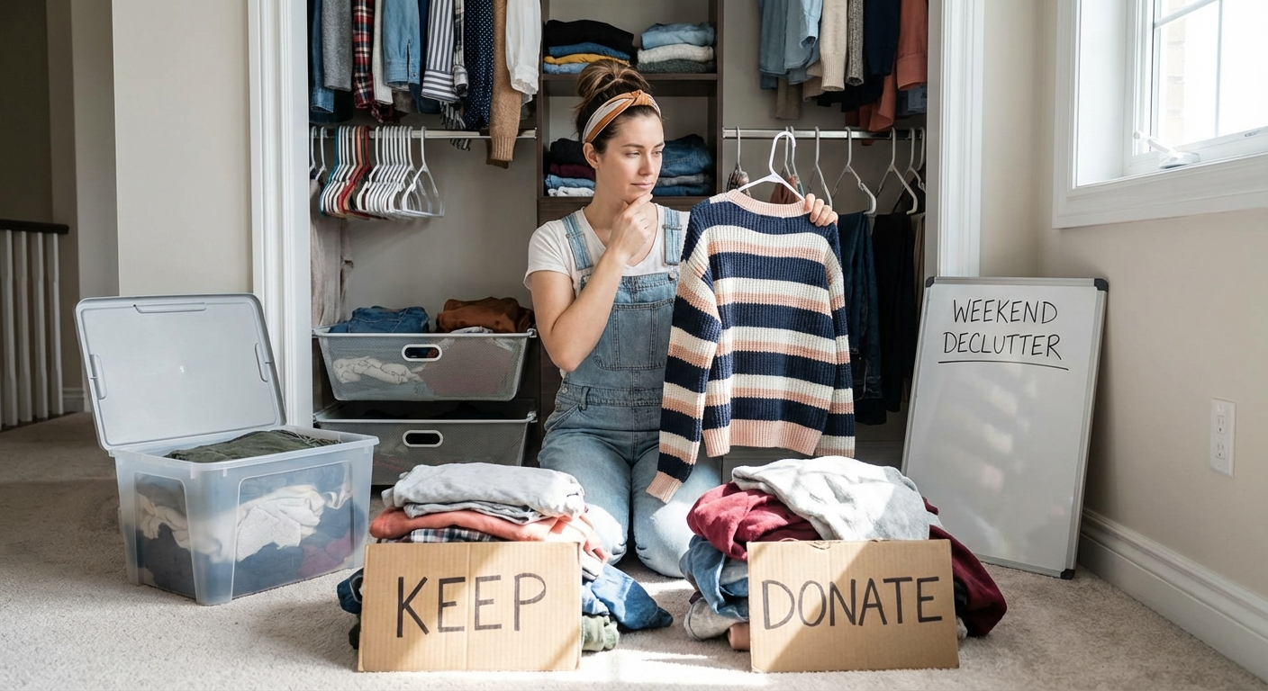 Person decluttering a bedroom closet, sorting clothing into keep and donate piles during a weekend declutter project