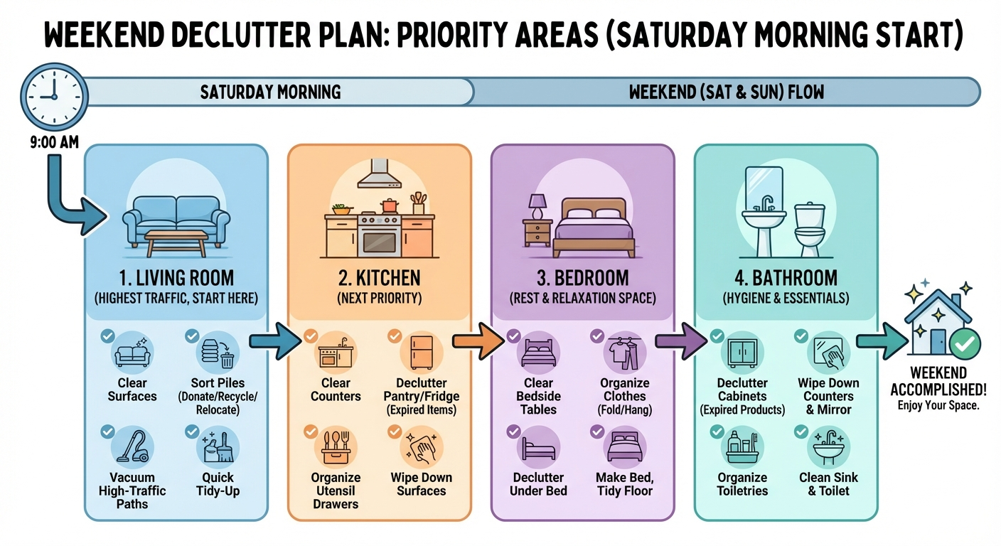 Weekend declutter plan infographic showing Saturday and Sunday room-by-room priority order