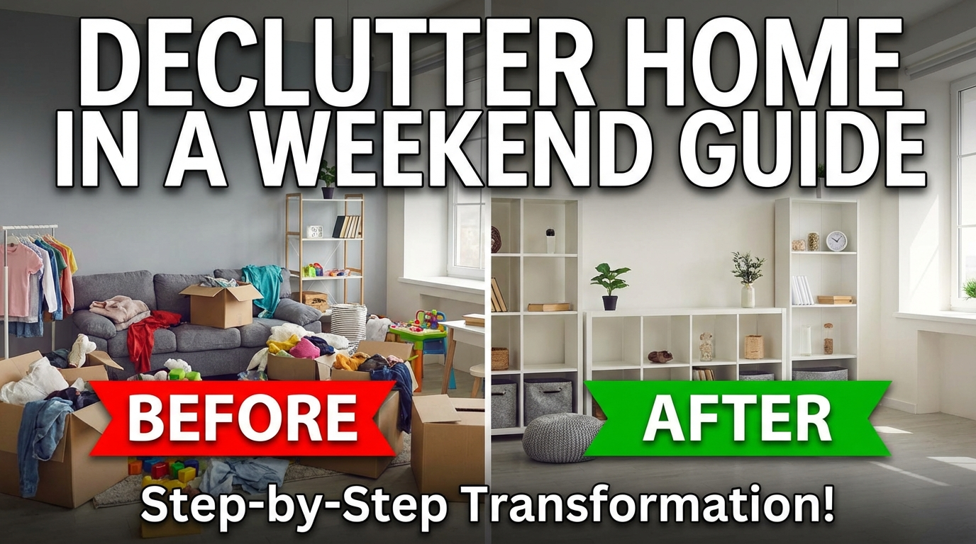 Video thumbnail showing before and after home declutter transformation