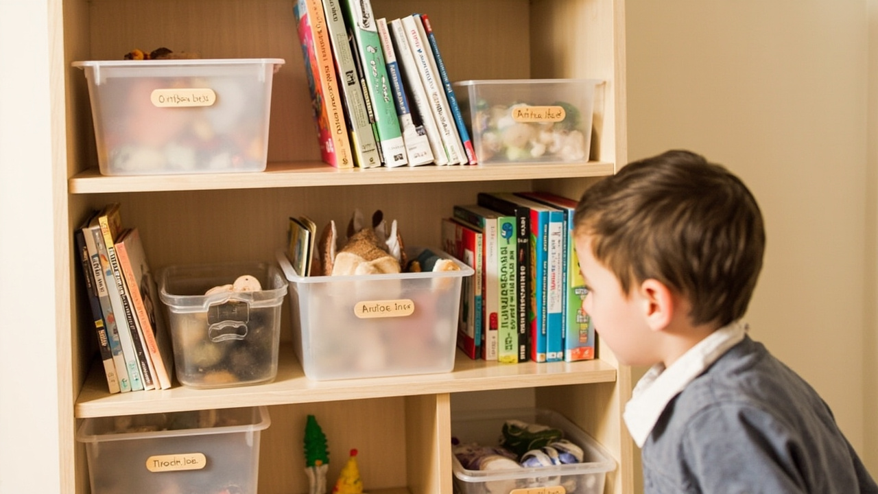 Organised children's bookshelf with books arranged by category with simple picture labels on each shelf section, at child height with a cosy reading nook nearby