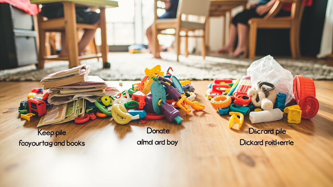 A dramatic 'everything out' declutter in progress: toys sorted into labelled keep, donate, storage, and rubbish piles on a living room floor, showing the true volume of a child's belongings
