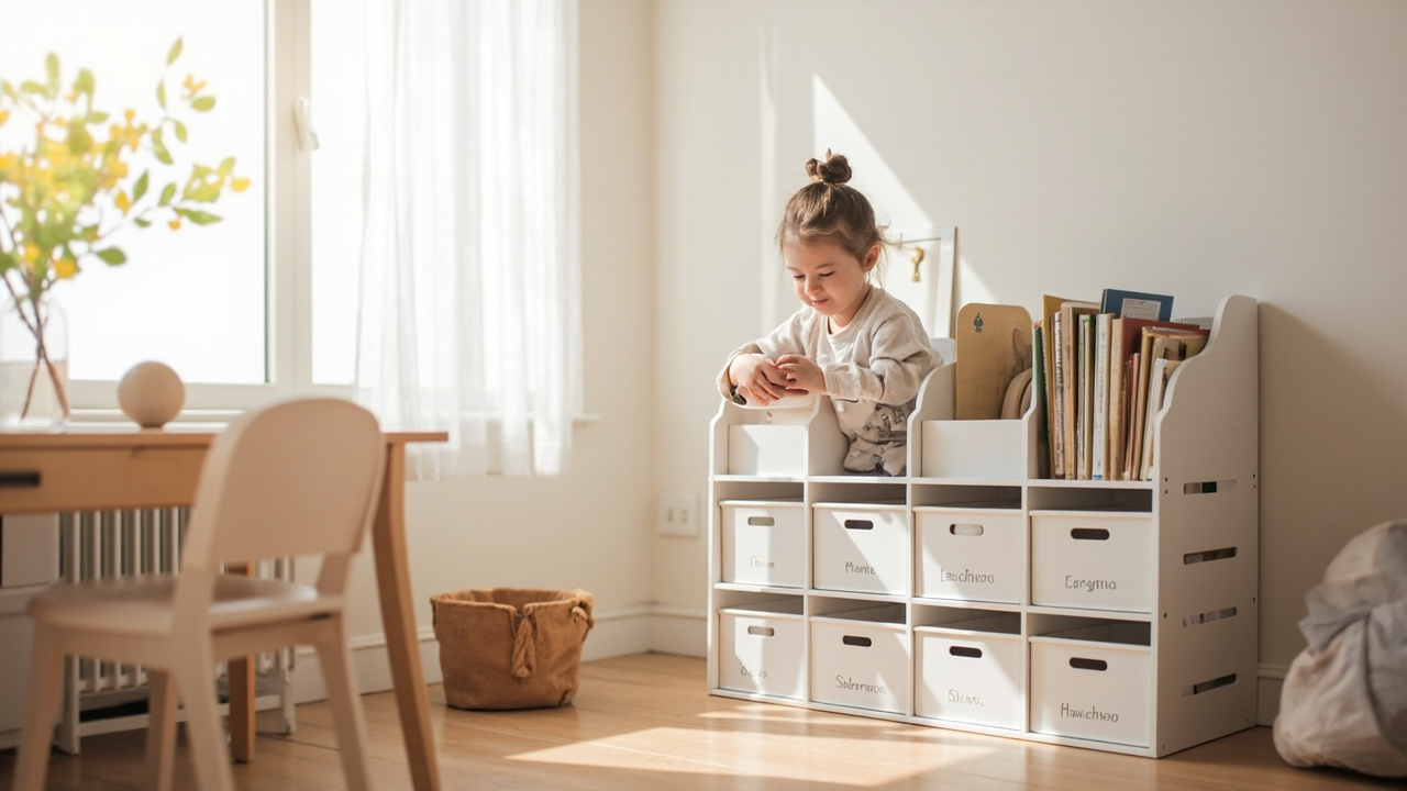 A tidy, organised child's bedroom with a low bookshelf, labelled storage baskets, a calm colour scheme, and a small desk area — the kind of room that stays organised between tidy-ups