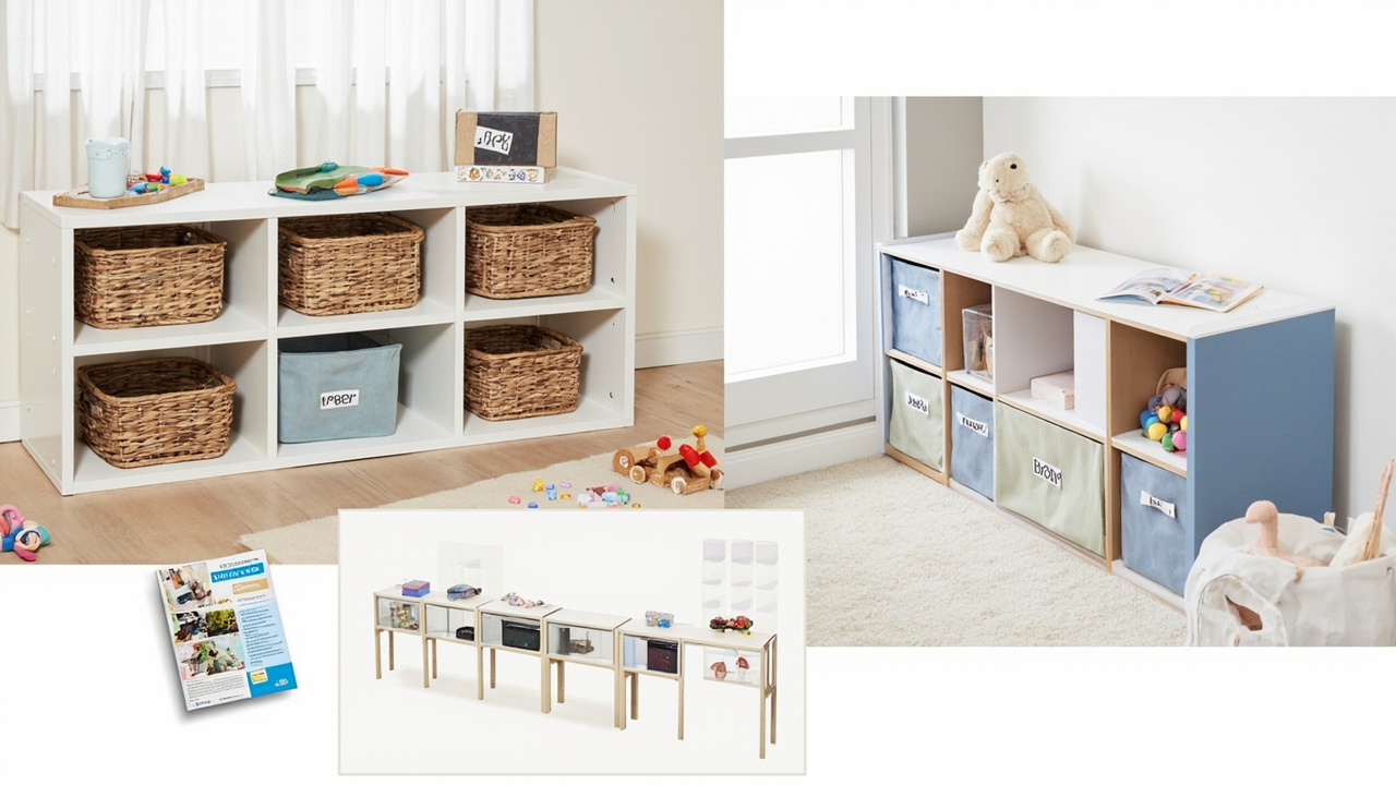 Children's room with low open shelving, canvas baskets at child height, under-bed storage boxes on wheels, and wall-mounted hooks for bags and costumes — a complete storage system designed for independence