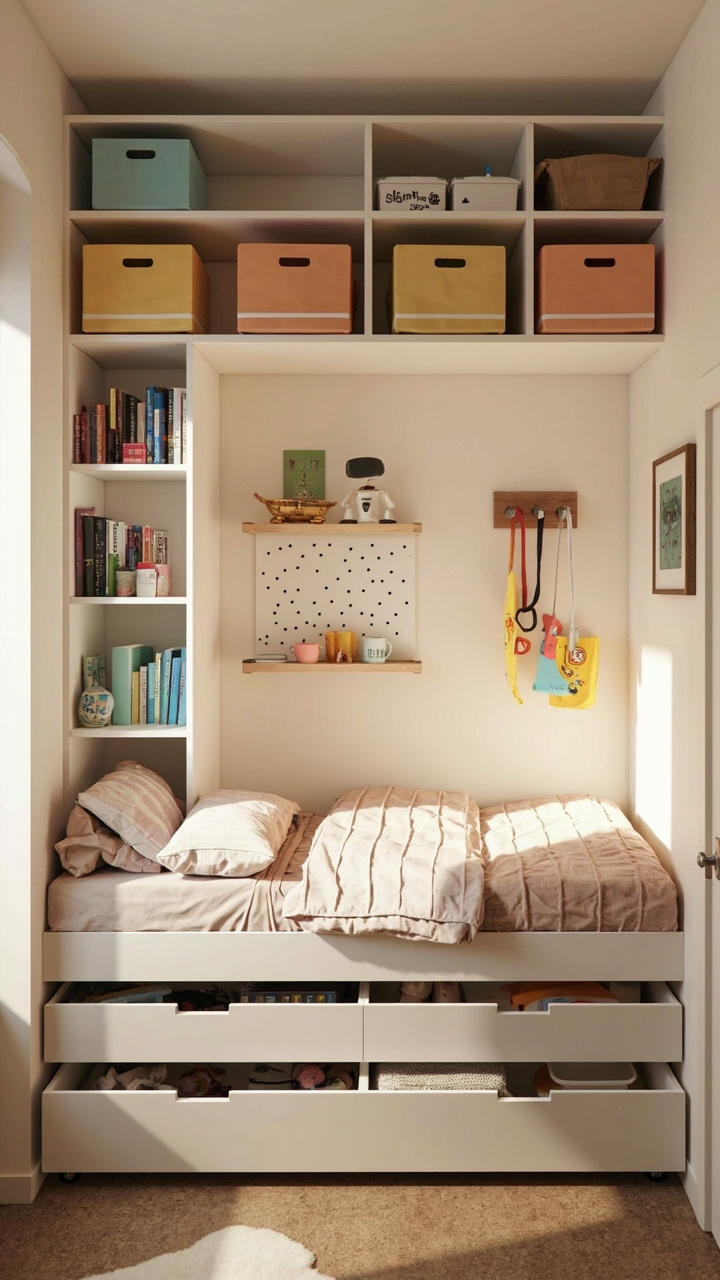 A small children's bedroom measuring approximately 2.4m x 3m showing bunk bed with storage underneath, wall shelving, under-bed vacuum storage bags, and a compact desk — every centimetre optimised with multi-purpose furniture