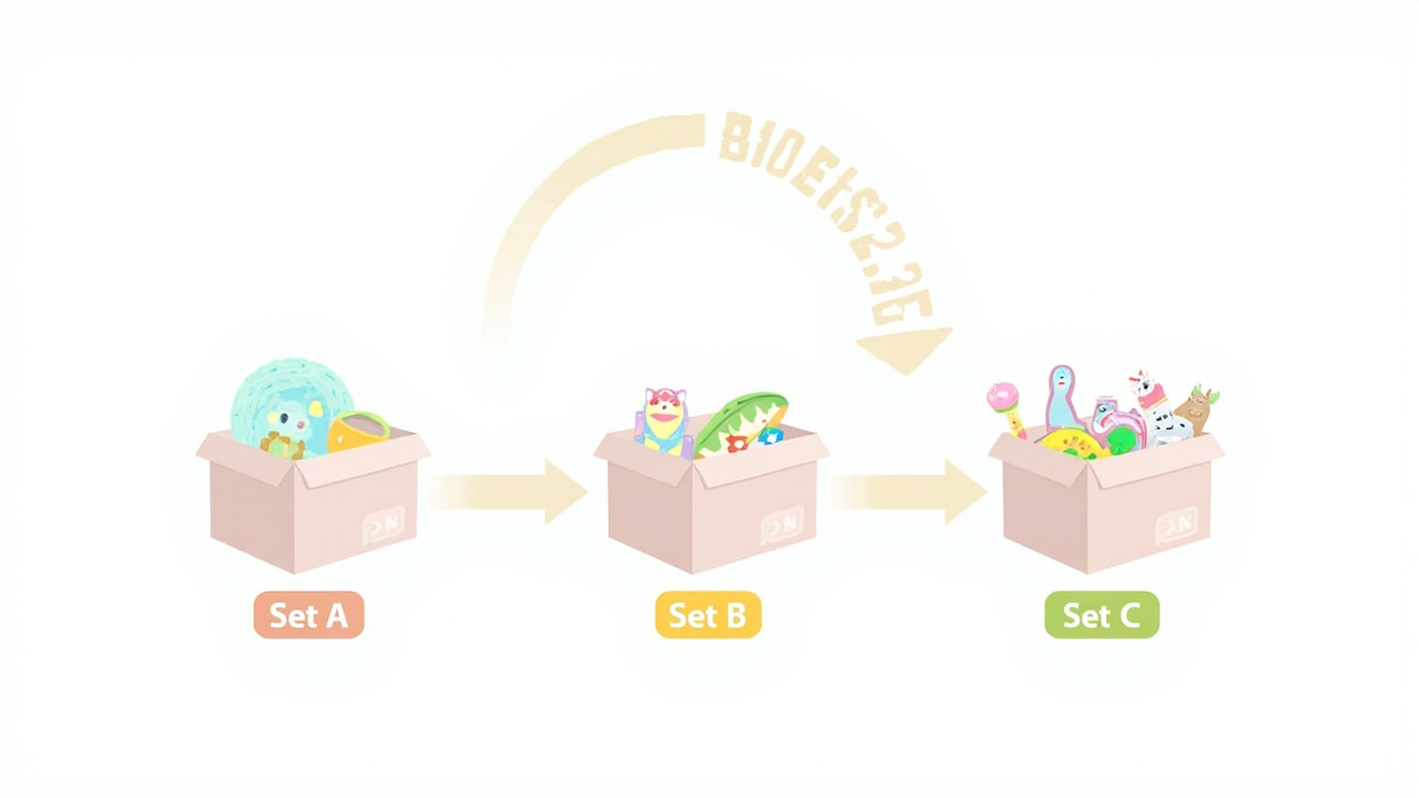 Toy rotation system diagram showing three labelled storage bins (Group A, Group B, Group C) with arrows indicating the swap cycle every 3-6 weeks, with a child illustration playing with the current active group