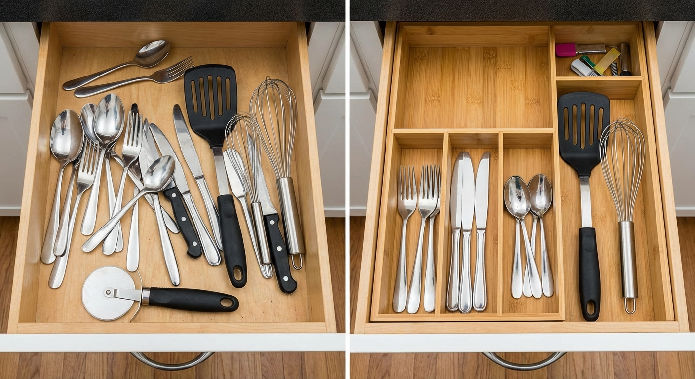Kitchen drawer divider before and after photo showing how shallow dividers improve visibility and grouping