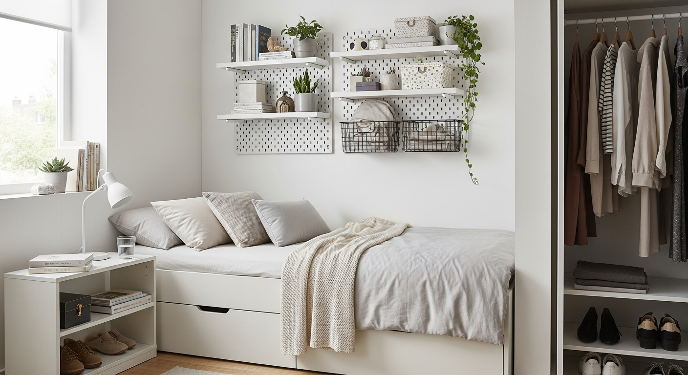 Small bedroom organisation hero image showing vertical storage floating shelves under-bed boxes and clear surfaces minimal design