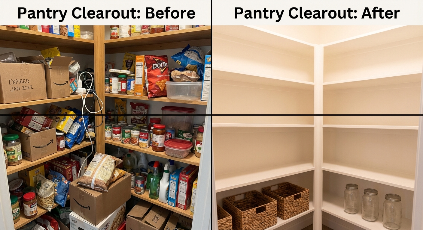 Before and after comparison: top shows a cluttered pantry with items piled randomly on shelves; bottom shows the same shelves empty and clean, ready for a fresh organisation system