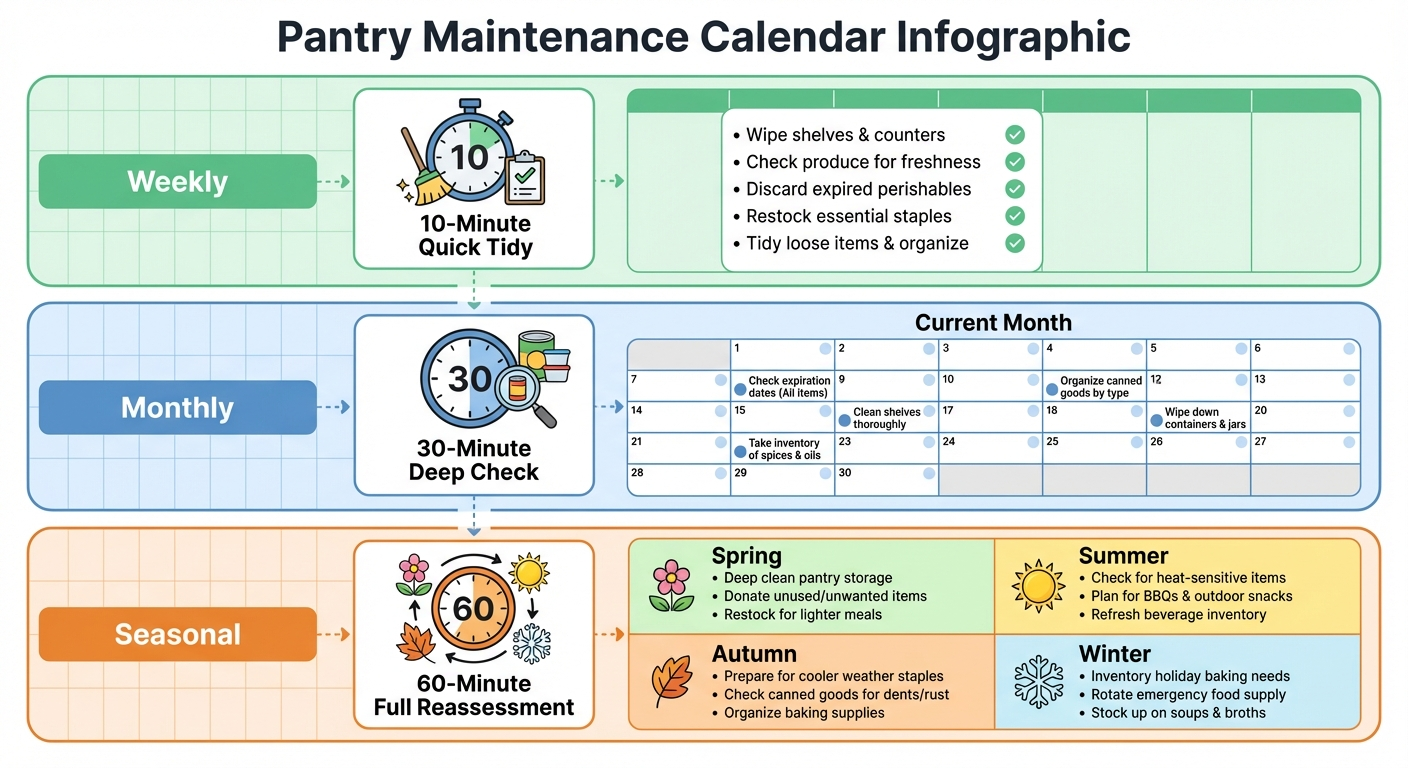 Calendar infographic showing a three-tier pantry maintenance schedule: weekly 10-minute quick tidy (return items to zones, wipe spills, check seals), monthly 30-minute deep check (check expiry dates, rotate stock, wash liners), and seasonal 60-minute full reassessment (evaluate zones, adjust for household changes, update labels) — with a checkmark and clock icon for each frequency