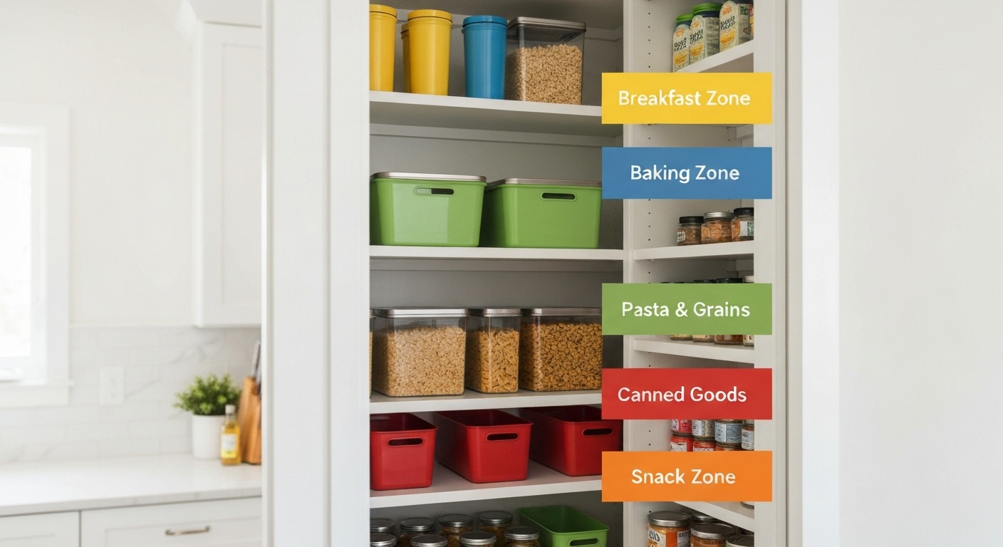 Pantry zone diagram showing six clearly labelled shelf sections: breakfast zone, baking zone, snacks zone, canned goods zone, pasta and rice zone, and oils and condiments zone — each zone assigned to a specific shelf
