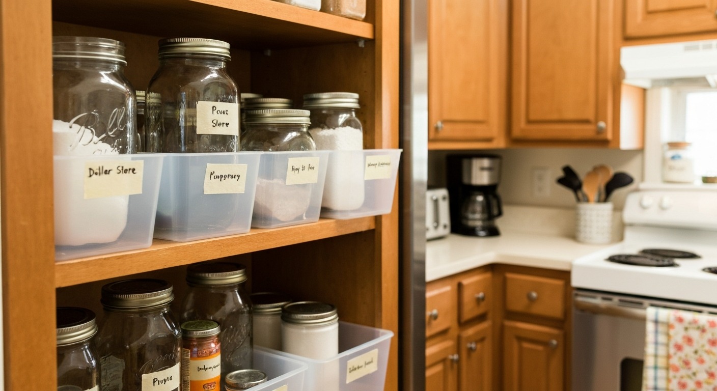 Budget pantry organisation using repurposed glass jars, dollar-store bins, and handwritten masking tape labels in a real home kitchen with warm lighting