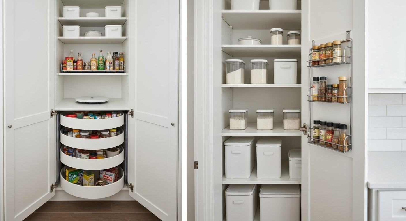 Side-by-side comparison of a deep pantry shelf with turntable and pull-out basket, and a shallow pantry shelf with single-row containers and door-mounted spice rack