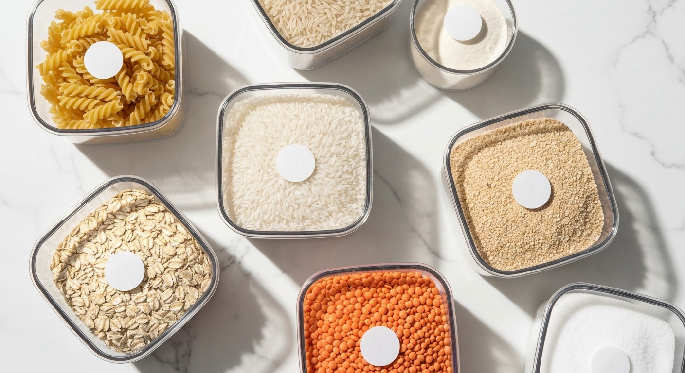 Overhead view of neatly arranged square clear containers on a pantry shelf containing pasta, rice, flour, oats, lentils, and sugar, each with a clean white label