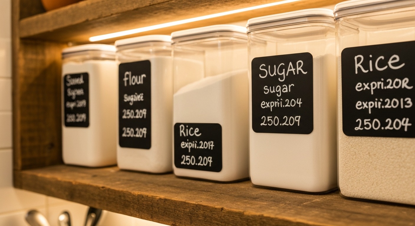 Close-up of pantry containers with clean chalkboard labels showing handwritten text including contents and expiry dates, warm kitchen lighting