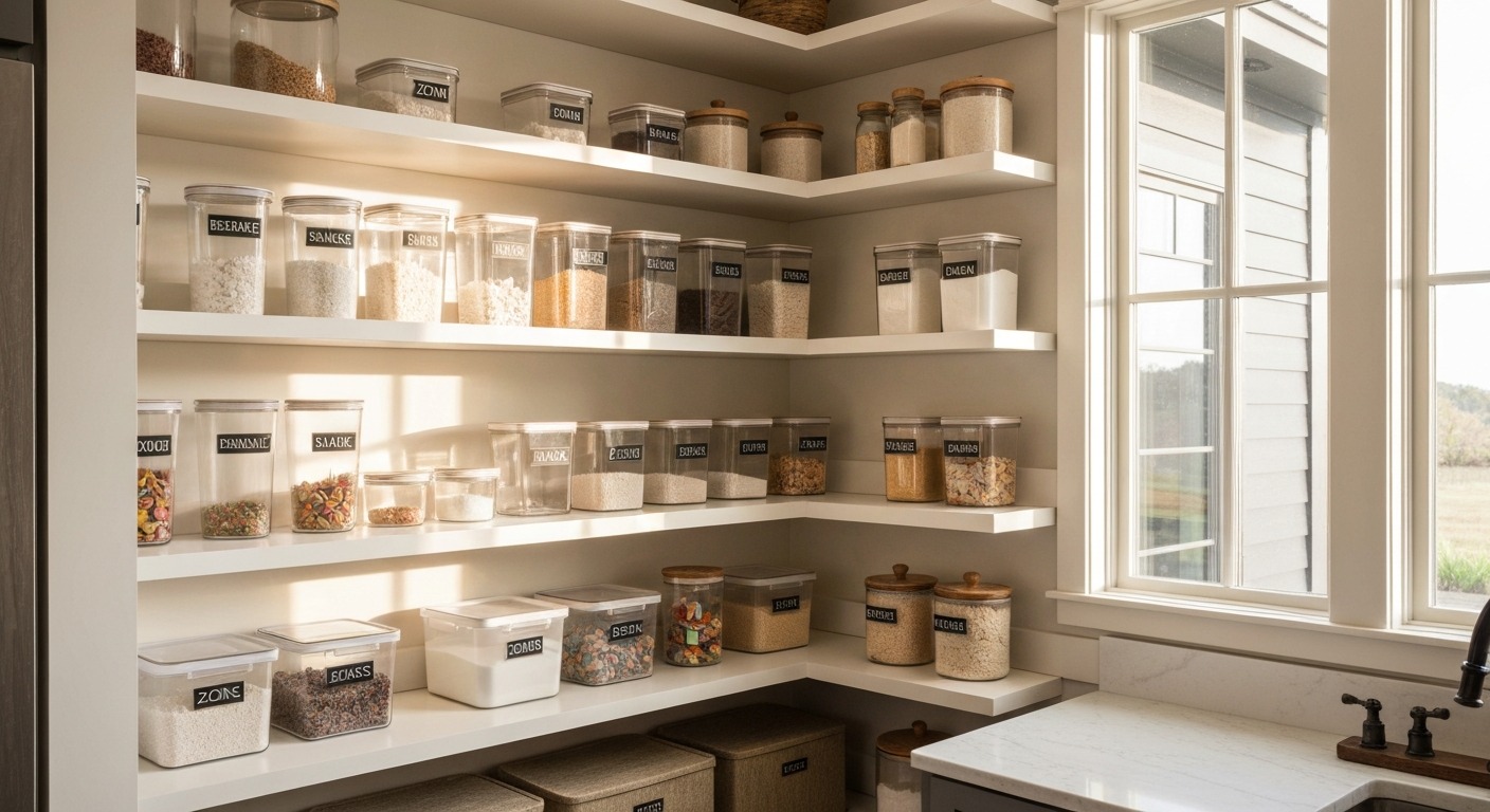Beautifully organised kitchen pantry with clear containers, labelled zones, and tiered shelf risers showing a functional real-world pantry setup