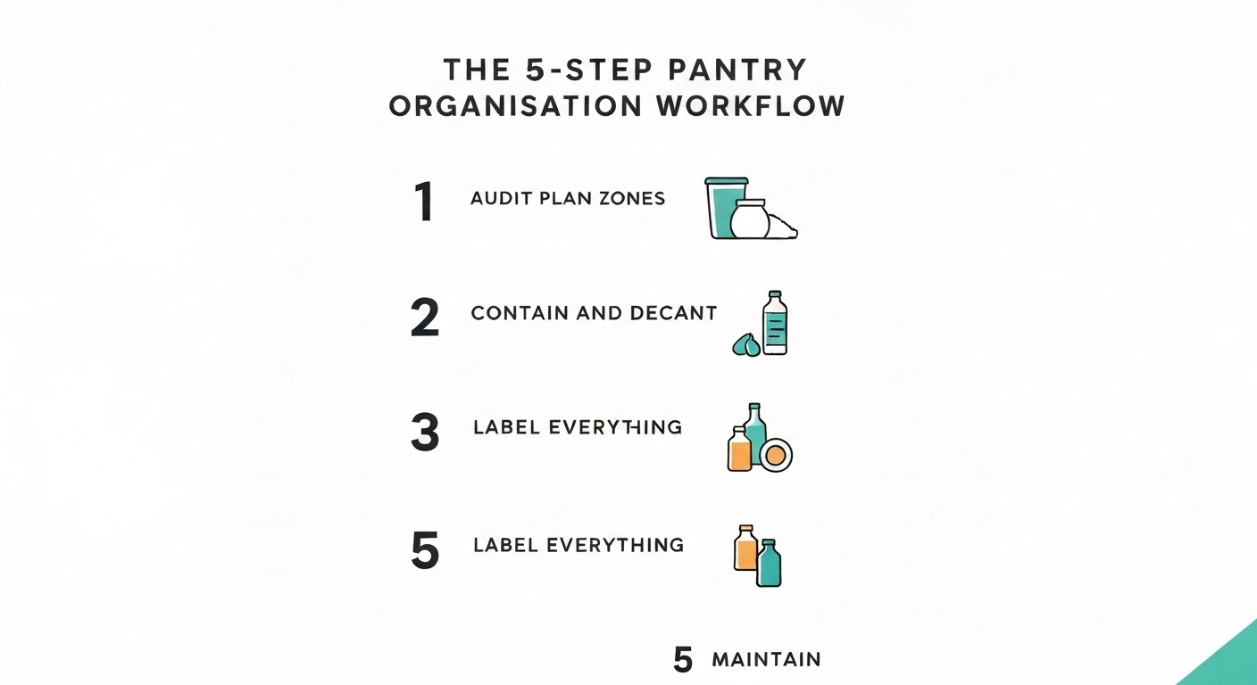 The 5-Step Pantry Organisation Workflow infographic showing audit, plan zones, contain and decant, label everything, and maintain steps in a clean vertical flowchart