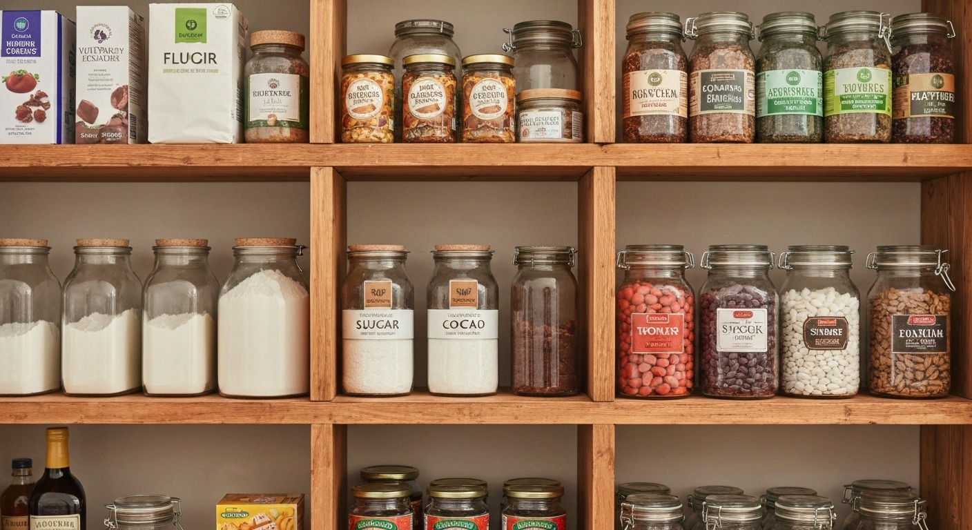 Pantry shelves showing seasonal organisation with winter baking supplies and hearty staples arranged at eye level, warm kitchen lighting