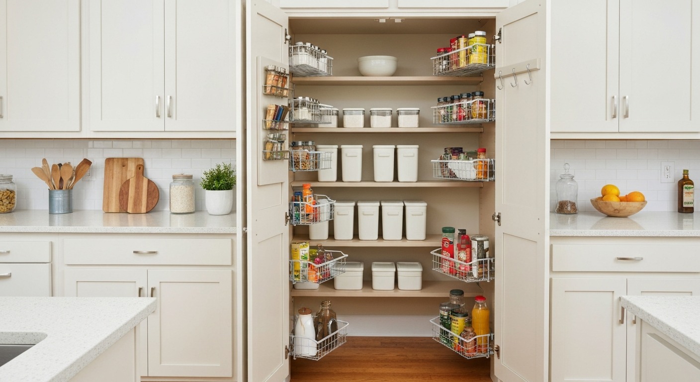 A compact apartment pantry cupboard showing clever organisation with over-door spice rack, tiered shelf risers, pull-out wire baskets, and uniform square containers using every available centimetre