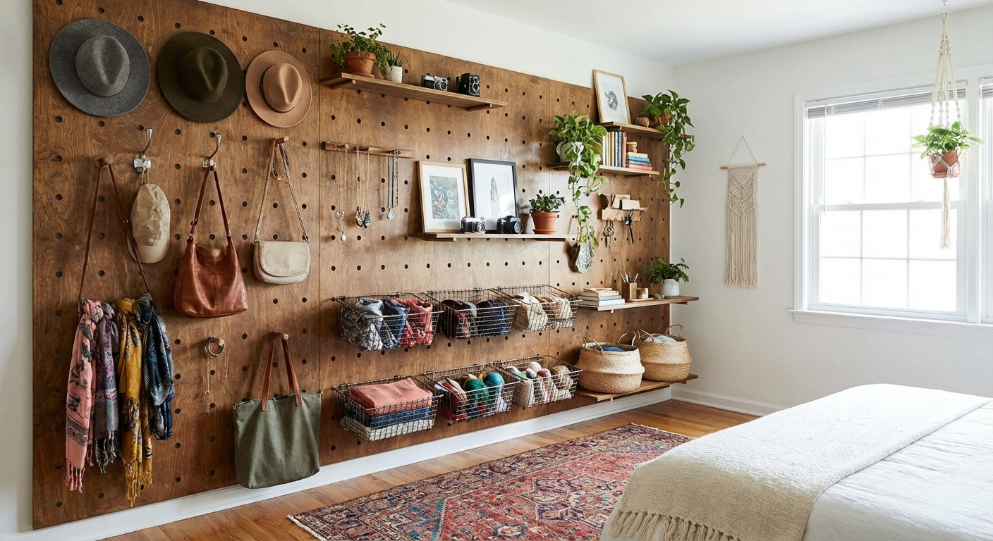 White pegboard mounted on a small bedroom wall with hooks holding bags, hats, jewellery and small shelves with accessories