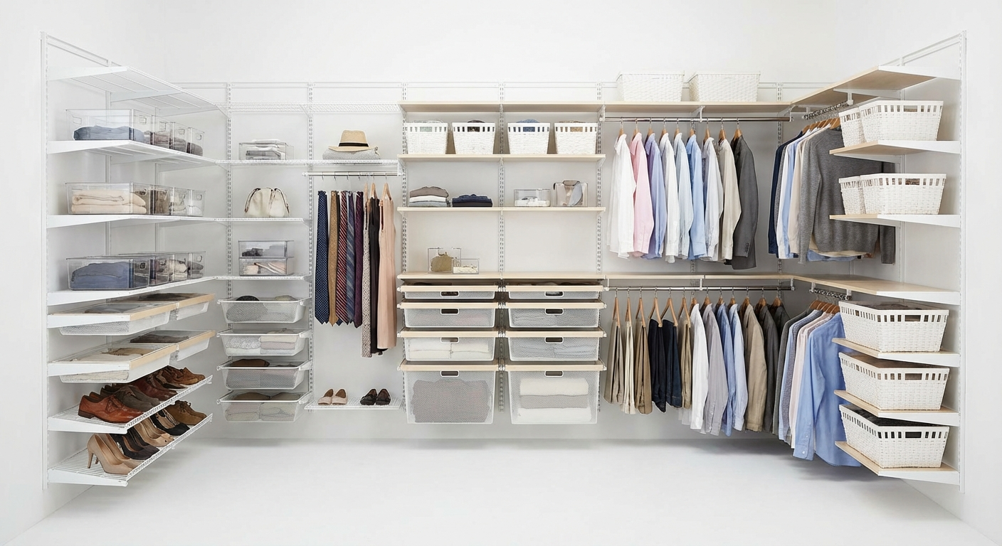 A laundry room closet fitted with white wire shelving holding folded towels, detergent bottles, and 