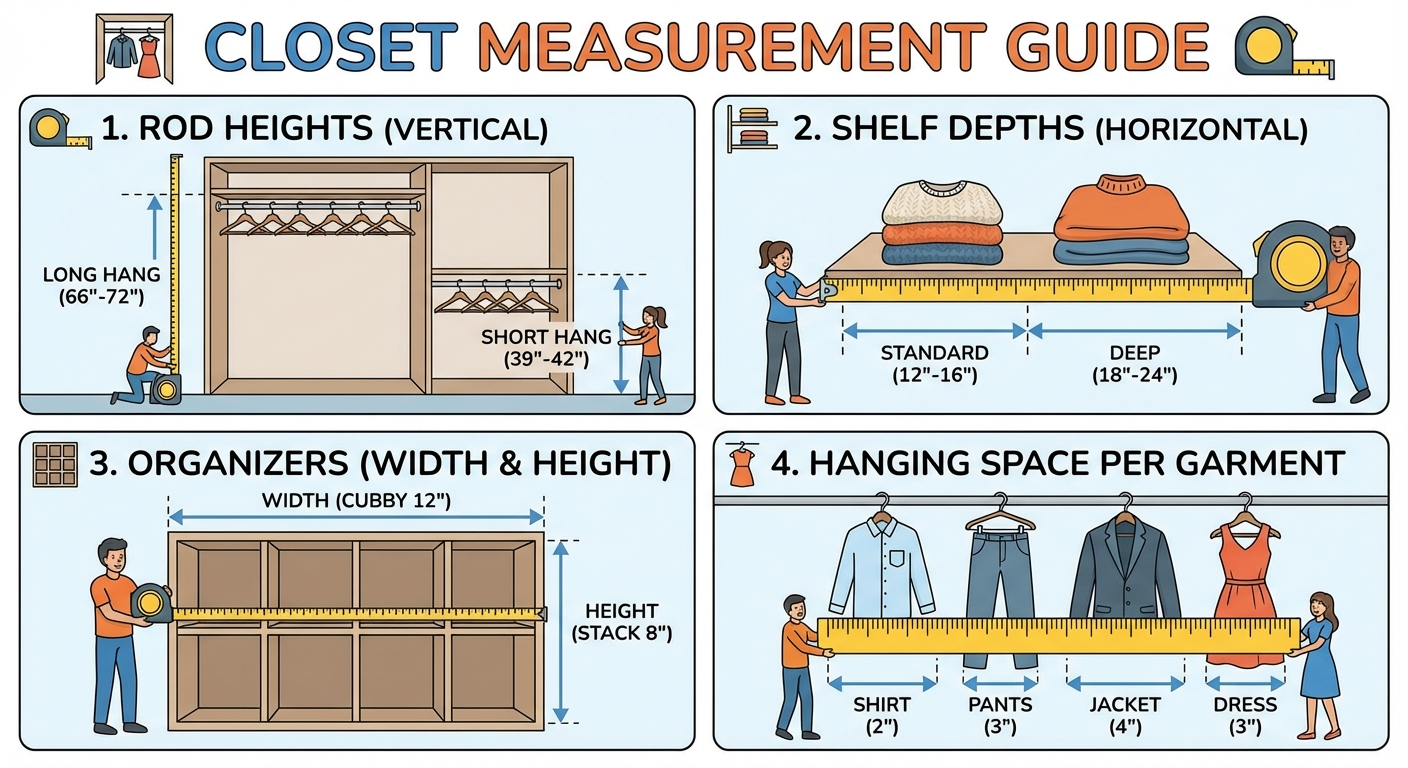 A person kneeling on the floor of an empty closet with a tape measure extended across the width, a n