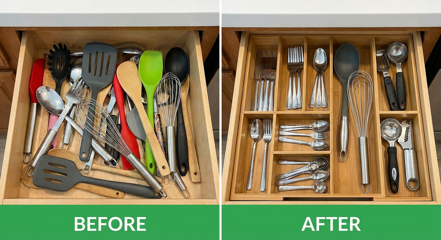 Bambüsi adjustable bamboo drawer dividers organising a kitchen utensil drawer