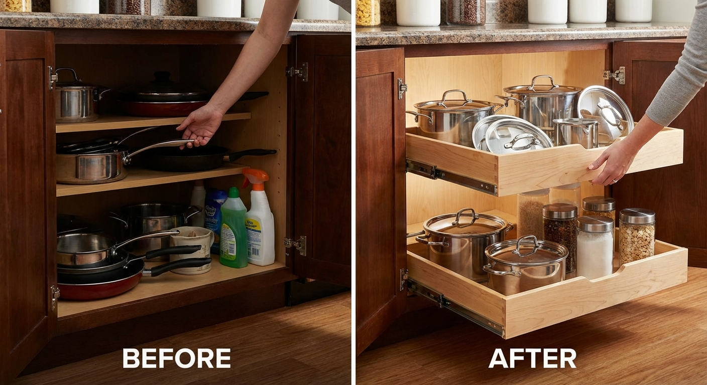 Before and after installing a pull-out shelf in a deep kitchen base cabinet