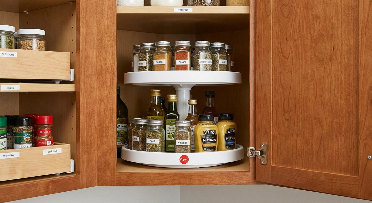 Copco Non-Skid 2-Tier Turntable organising condiments in a corner cabinet