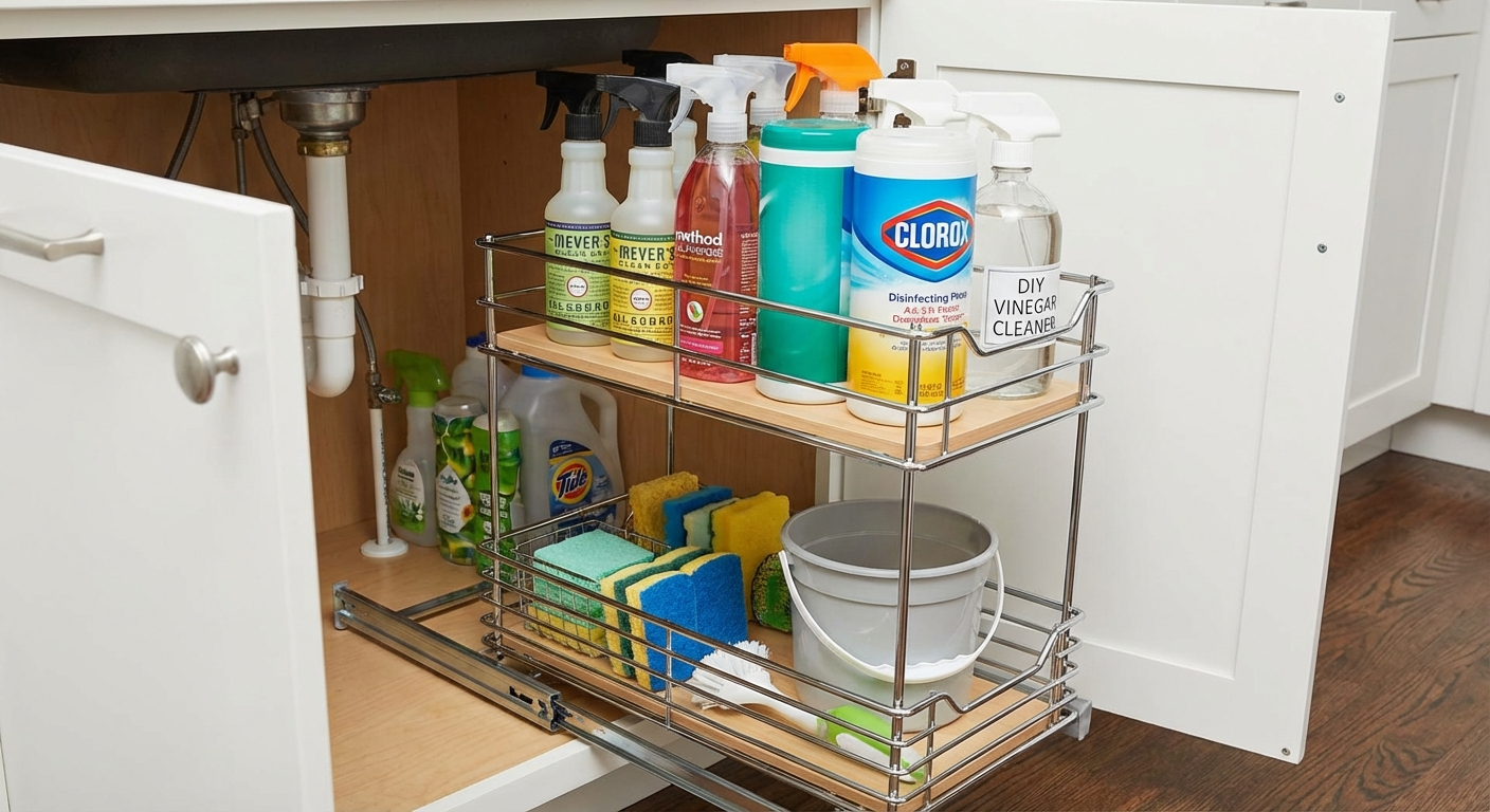Lynk Professional pull-out caddy installed under a kitchen sink with cleaning supplies