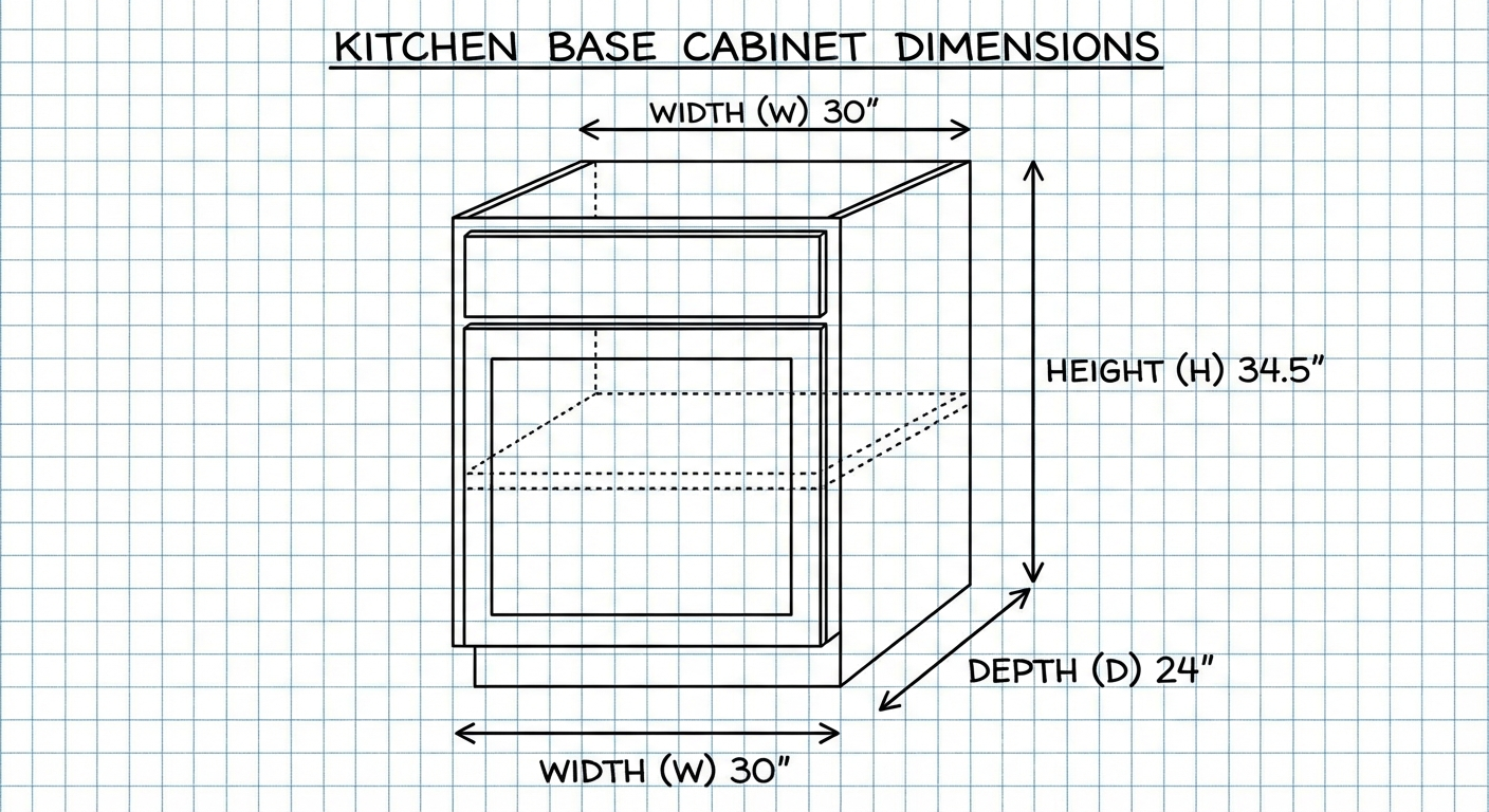 How to measure kitchen cabinets for organizers — annotated diagram showing width, depth, height, and door clearance