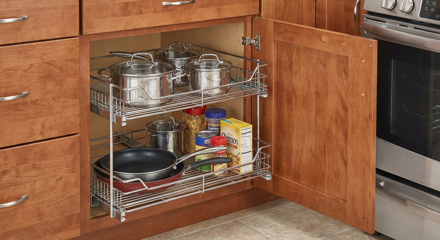 Rev-A-Shelf 5WB2 two-tier pull-out wire basket installed in a kitchen cabinet
