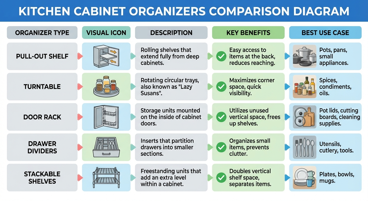 Five types of kitchen cabinet organizers compared — pull-out shelf, turntable, door rack, drawer dividers, and lid holder