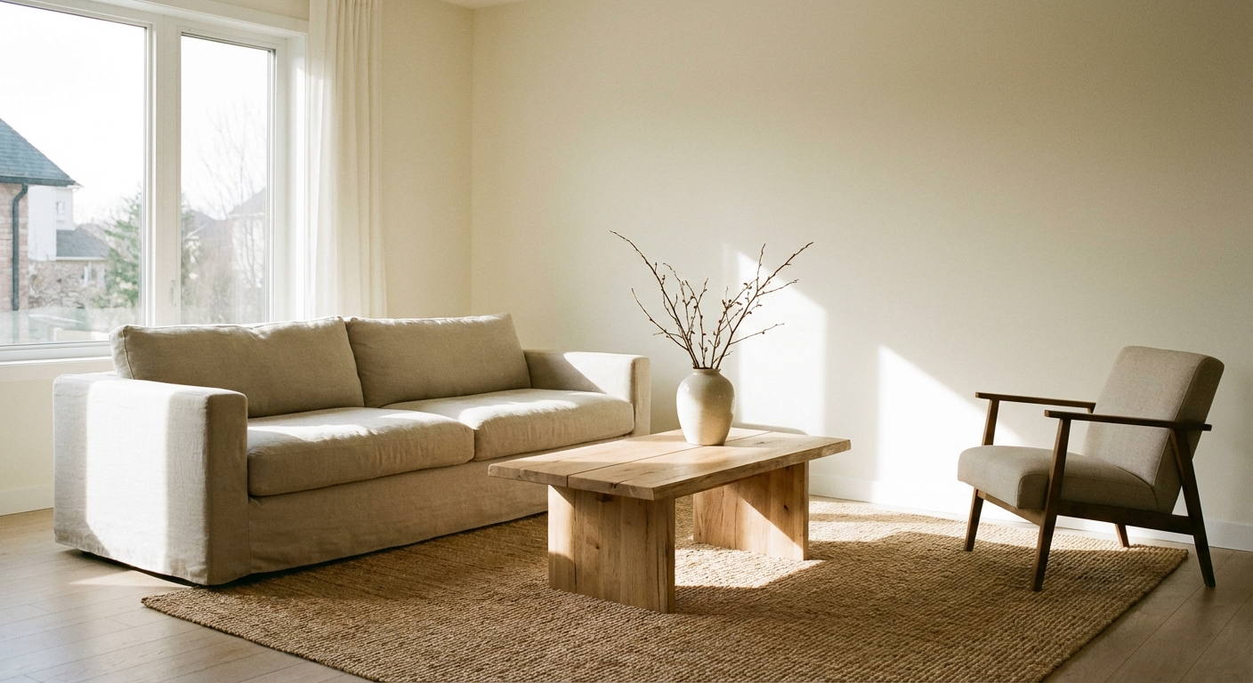 Dramatic before-and-after split of a living room — cluttered on left, clean and minimal on right