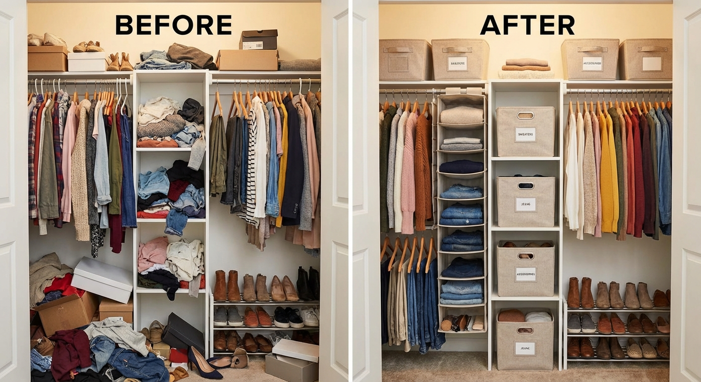Flat-lay of decluttering supplies on a wooden floor — boxes, trash bags, markers, labels, cleaning spray, and a checklist