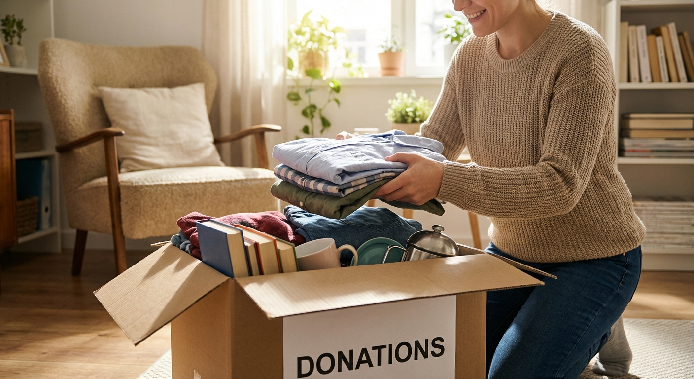 Clean, organized kitchen with clear countertops, neatly arranged shelving, and a small coffee station