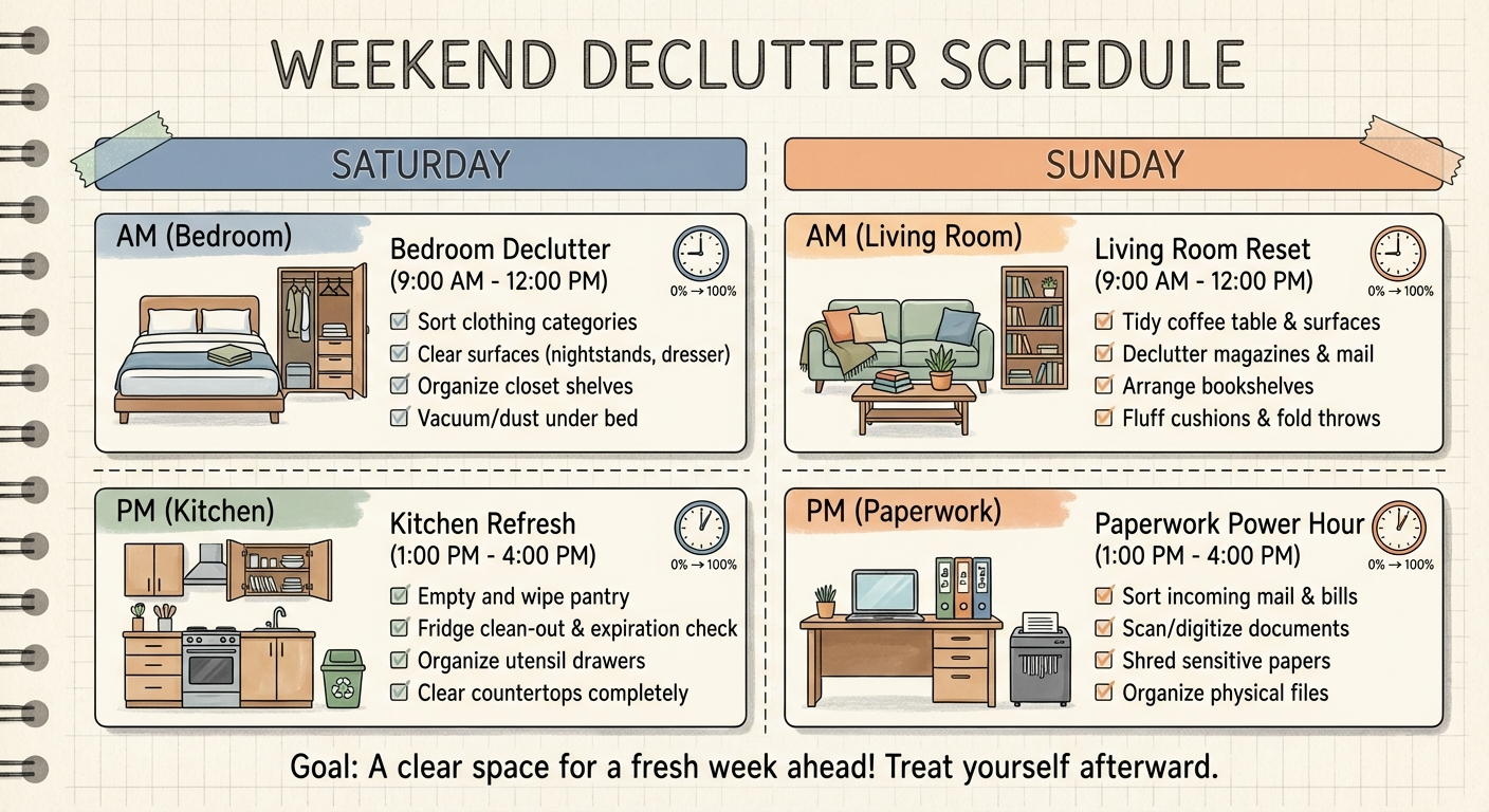 Clean, minimalist bathroom vanity with neatly organized shelving and folded white towels