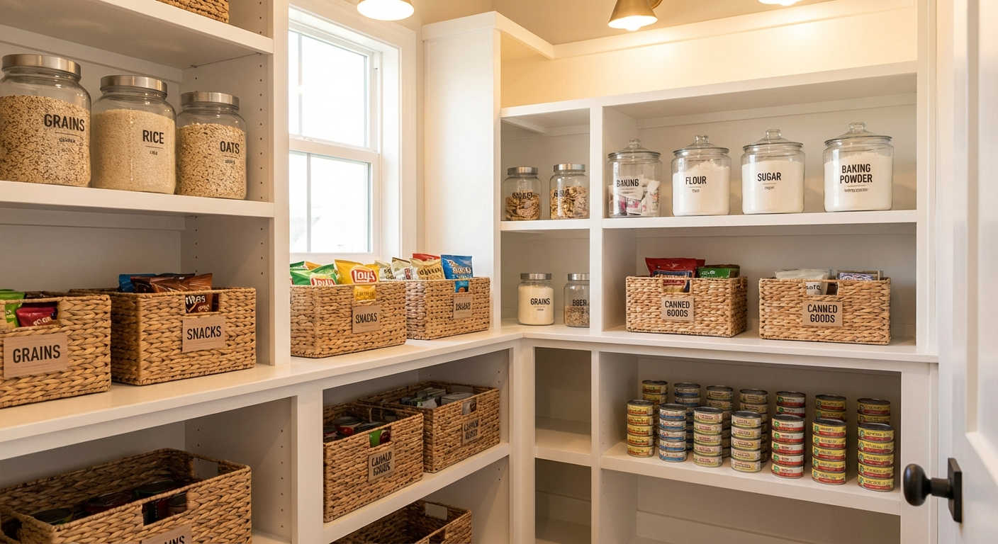 Well-organized walk-in closet with colour-coordinated clothing on matching hangers and labelled storage bins