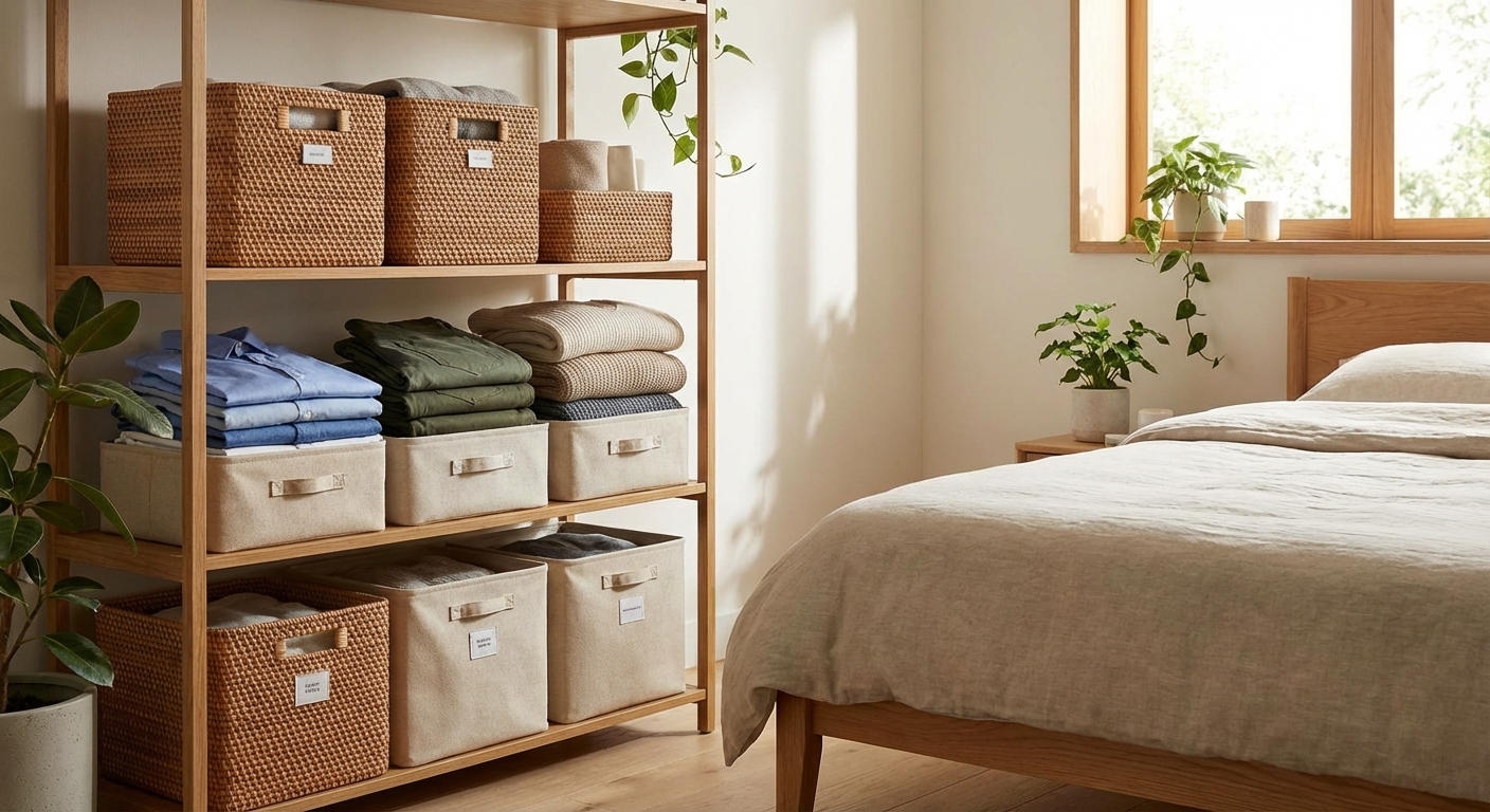 Storage baskets and boxes neatly arranged in a decluttered bedroom