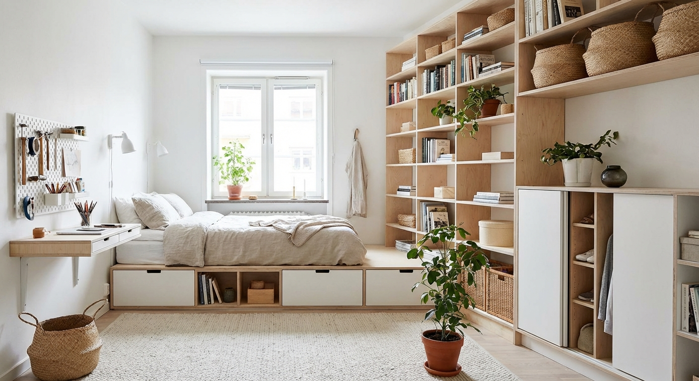 Beautifully organised small bedroom with light walls, under-bed storage, floating shelves and minimal surfaces